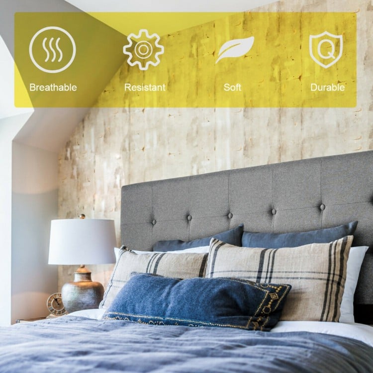 Adjustable tufted gray linen fabric headboard for queen and full size beds, featuring breathable and soft material.