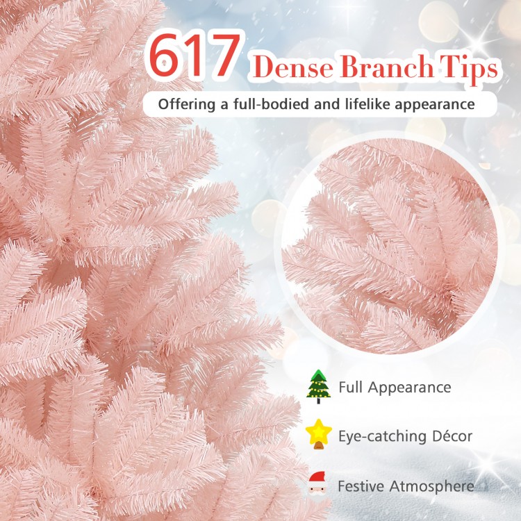 Pink 6ft artificial Christmas tree with 617 branch tips, offering a full appearance for festive home decoration.