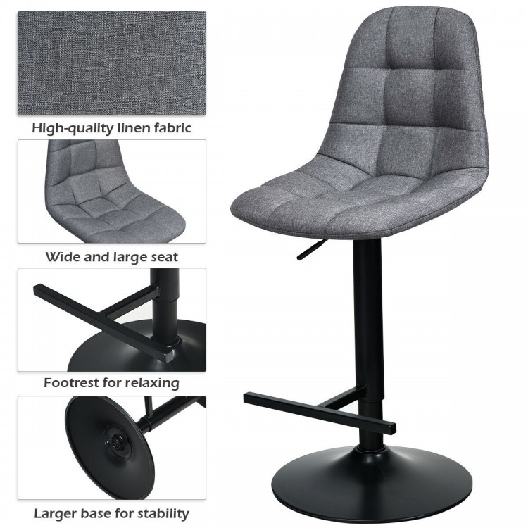 Adjustable gray linen bar stool with T-shaped footrest and wide seat for comfort, ideal for kitchens and cafes.