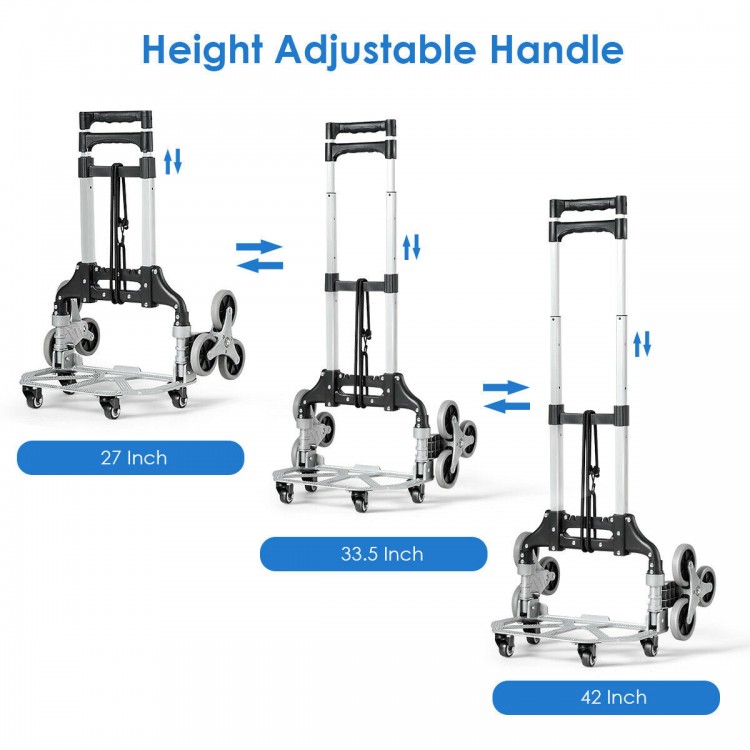 Height adjustable handle of the Portable Folding Stair Climbing Hand Truck, showcasing 27, 33.5, and 42-inch settings.
