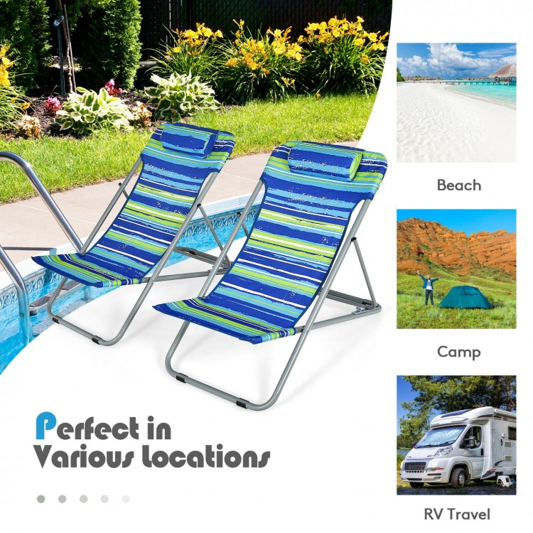 Portable beach chair set of 2 in blue with adjustable backrest and headrest, perfect for outdoor activities.