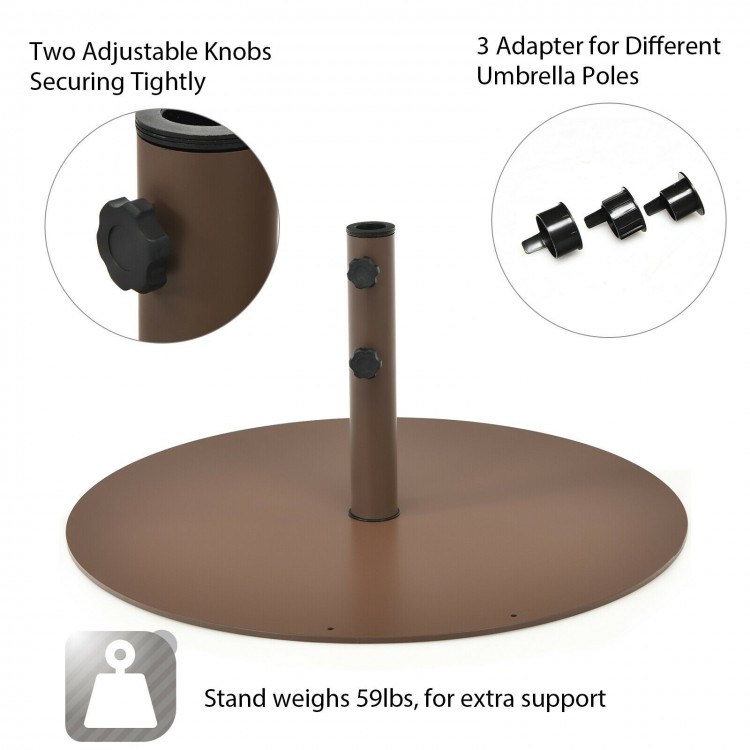 Steel umbrella base stand with adjustable knobs and three adapters for different pole sizes, ideal for outdoor use.