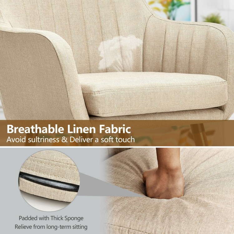 Beige fabric upholstered accent chair with breathable linen, ergonomic armrests, and wooden legs for comfortable.