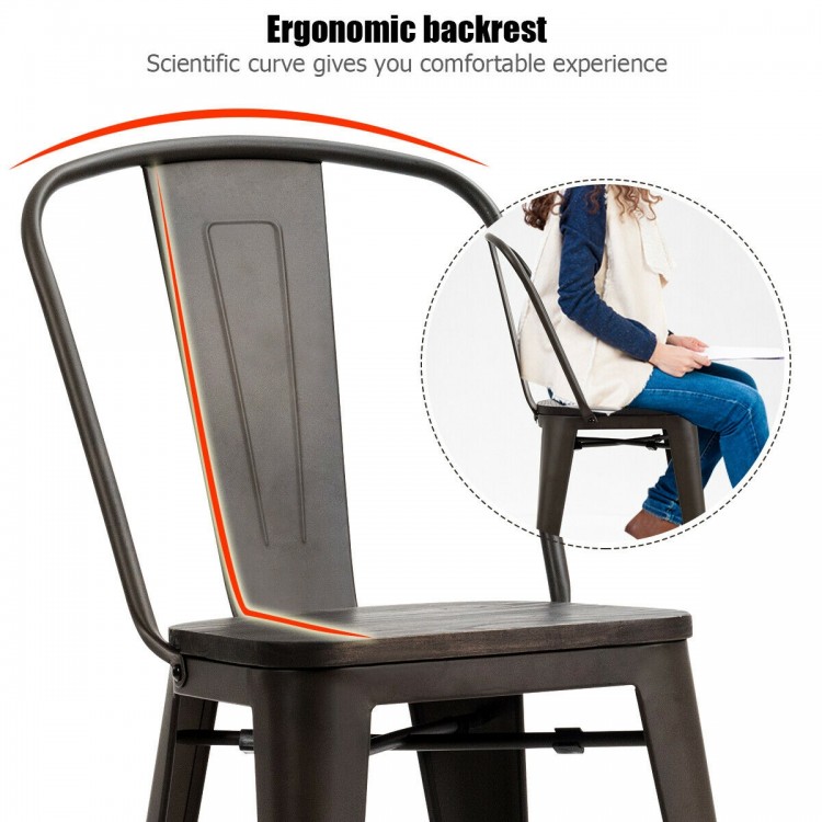 Ergonomic backrest of a metal counter stool, designed for comfort and support, ideal for dining or bistro settings.