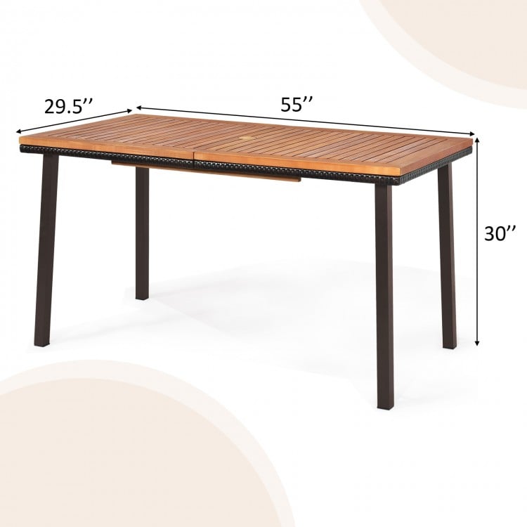 Acacia wood patio dining table with umbrella hole, 55"x29.5"x30", ideal for outdoor gatherings and stable support.