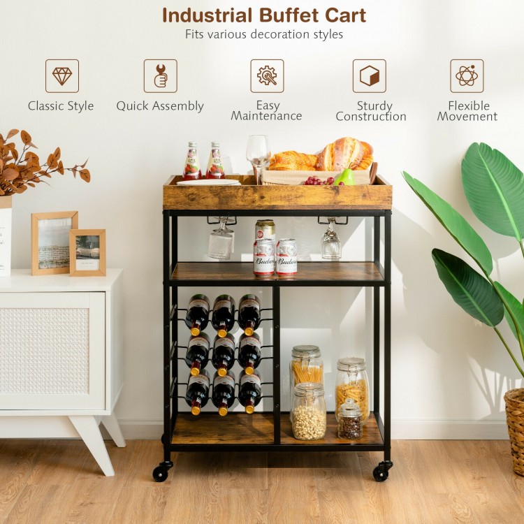 3-tier wood rolling kitchen serving cart in rustic brown with wine rack, glass holders, and universal casters for easy.
