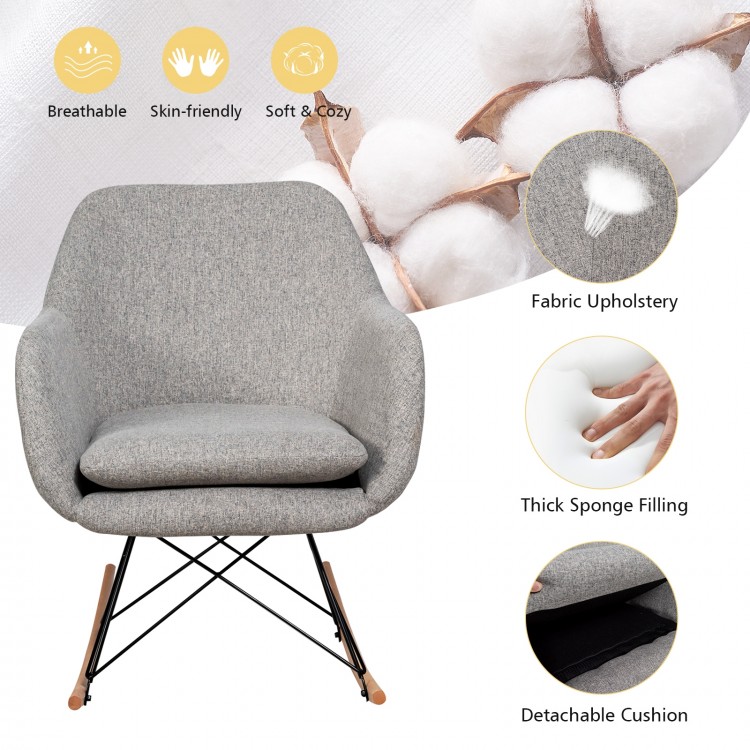 Accent upholstered rocking armchair in gray with linen fabric, cushioned seat, and beech wood legs for stylish comfort.
