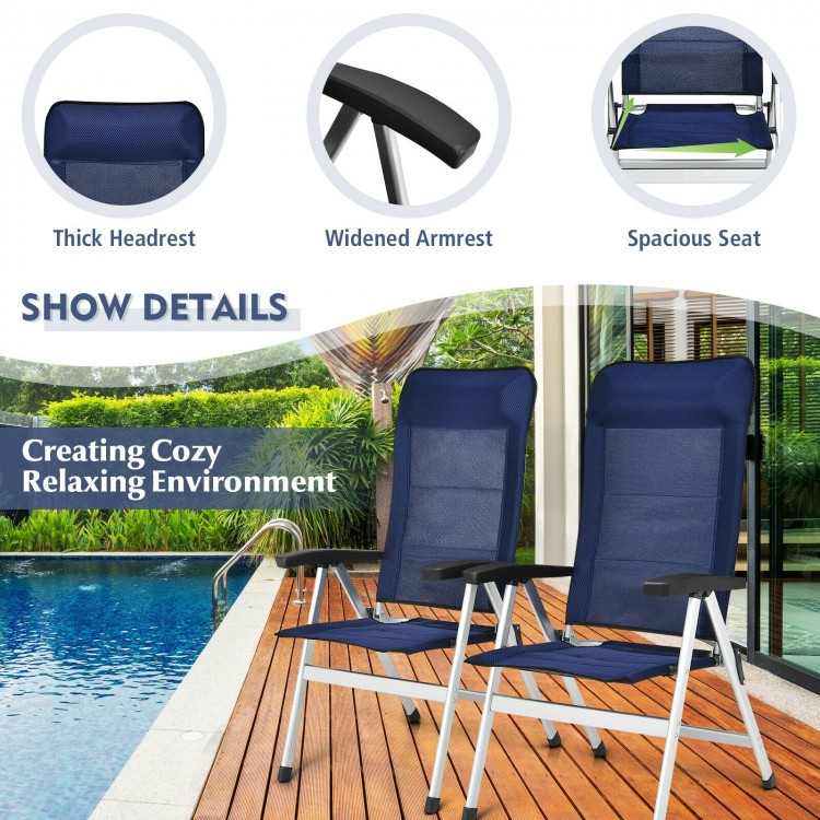 Two blue patio dining chairs with adjustable headrests, featuring sturdy aluminum frame and foldable design for outdoor.