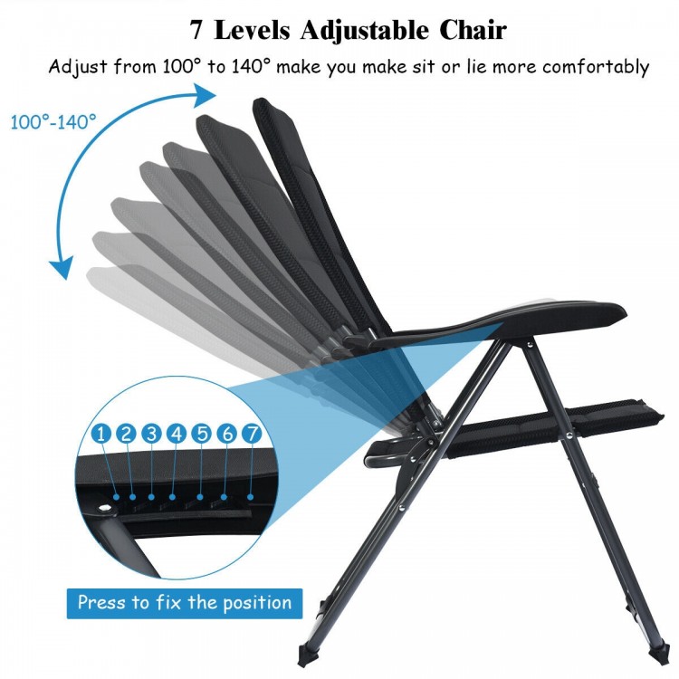 Adjustable backrest of a black patio folding chair, showcasing seven positions for versatile comfort and relaxation.