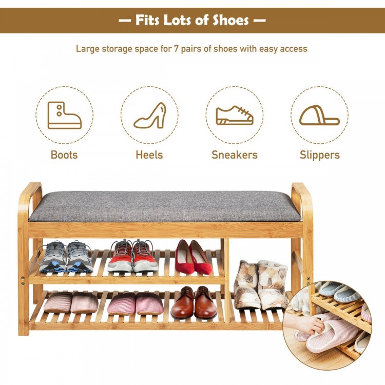 3-tier bamboo shoe rack bench with cushion, holds 7 pairs of shoes, ideal for entryway or bedroom seating.