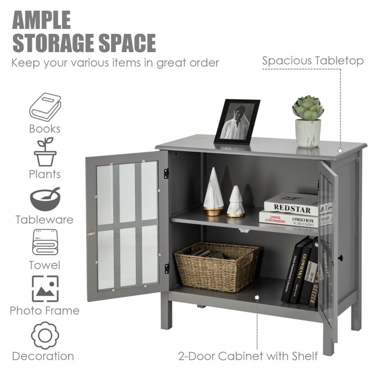 Gray glass door sideboard console storage cabinet with two shelves, perfect for versatile storage in any room.