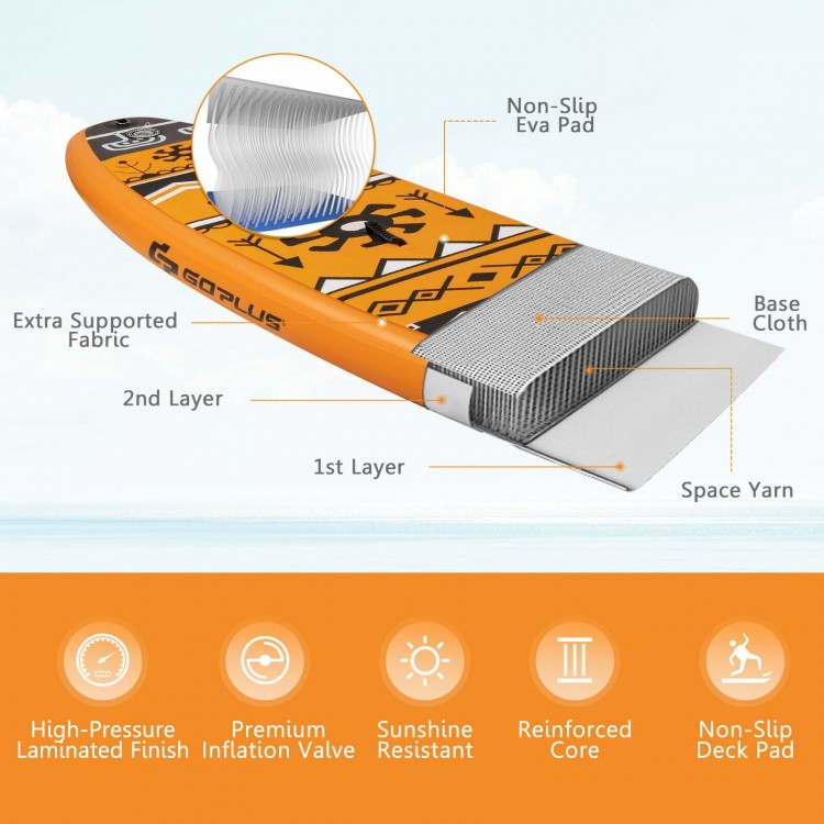 Inflatable stand-up paddle board showcasing non-slip EVA deck, premium PVC material, and reinforced construction for.