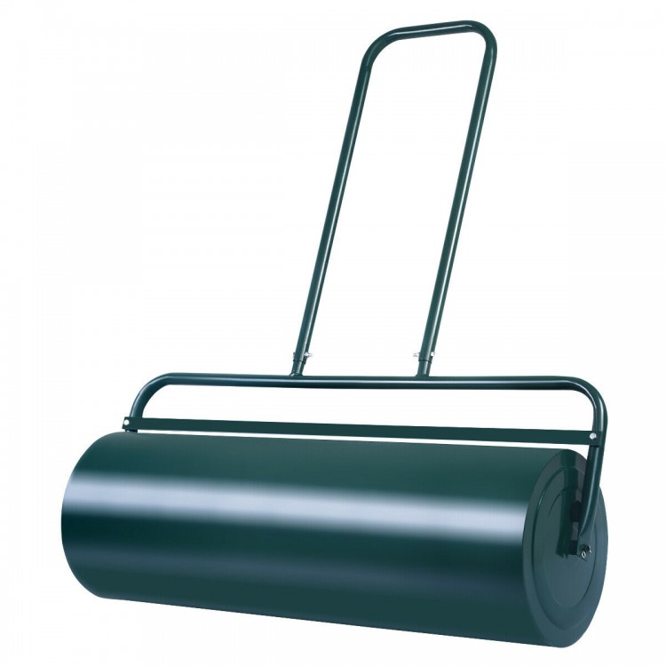 Tow lawn roller with a 24 x 13 inch water-filled metal drum, featuring a foldable handle and scraper bar for easy.