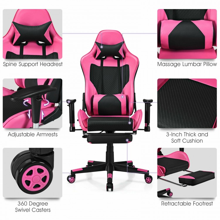 Close-up of the pink PU leather gaming chair's 3-inch thick cushion and ergonomic design for enhanced comfort during.