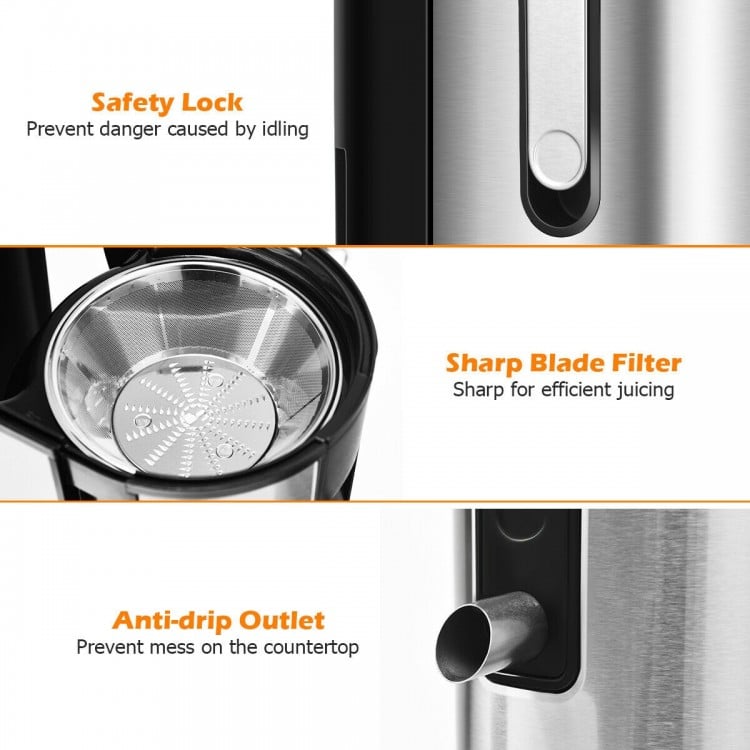 Close-up of the Centrifugal Juicer's sharp blade filter and anti-drip outlet, designed for efficient juicing.