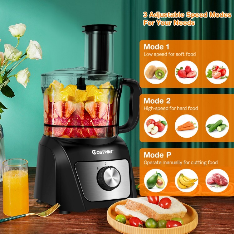 8-cup food processor with 500W motor, 3 adjustable blades, and double safety lock for efficient food preparation.
