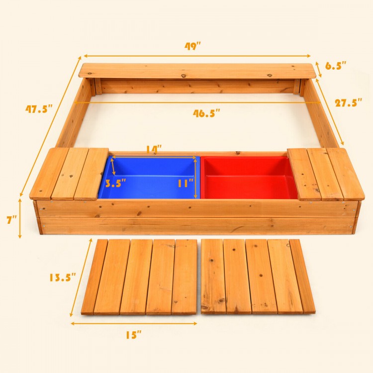 Kids outdoor cedar sandbox with detachable seats, two storage boxes, and bottomless design for drainage and ventilation.