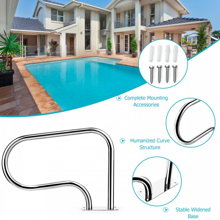 Stainless steel swimming pool handrail with a humanized curve design, providing stability and easy access for pool.