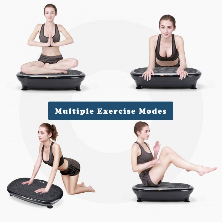 Mini vibration body fitness platform in black with multiple exercise modes and resistance bands for full body training.