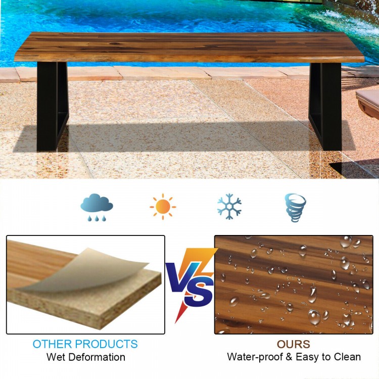 Solid acacia wood patio dining bench with metal legs, waterproof design, perfect for outdoor seating and home decor.