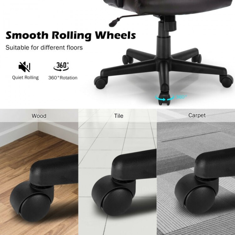 Adjustable leather executive office chair with smooth-rolling wheels, suitable for wood, tile, and carpet floors.
