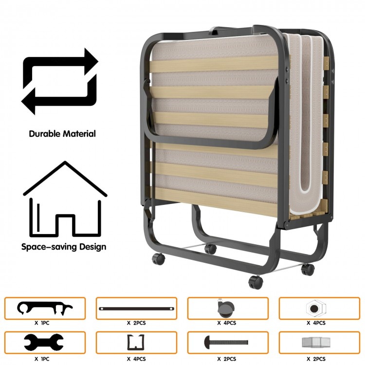 Folding rollaway bed with memory foam mattress, durable metal frame, and 360° wheels for easy mobility and storage.