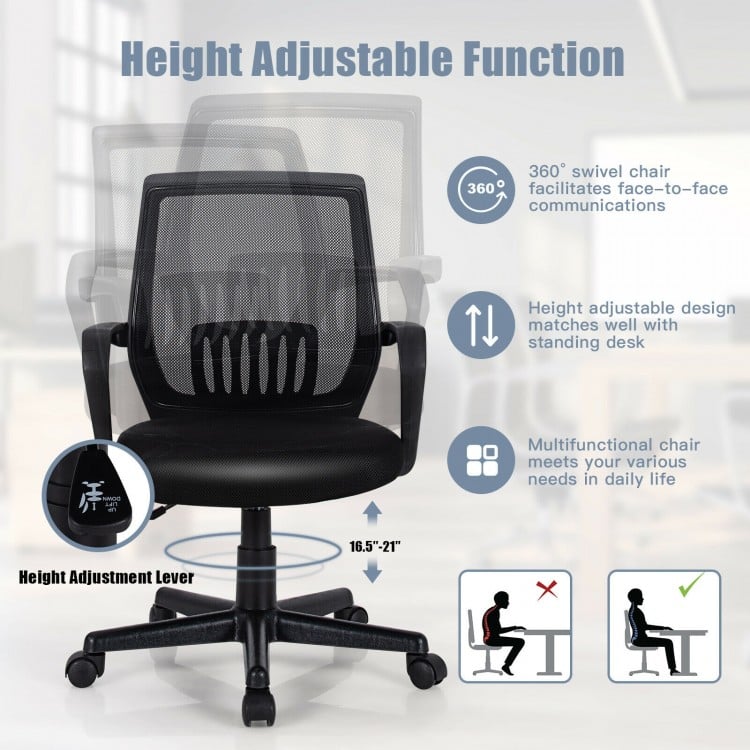 Mid-back mesh height adjustable executive chair with lumbar support, 360° swivel, ideal for home or office use.