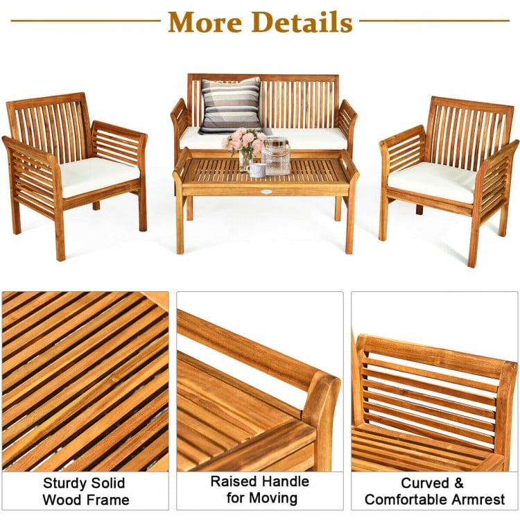 4-piece outdoor acacia wood sofa set with thick cushions, curved armrests, perfect for patio or garden relaxation.