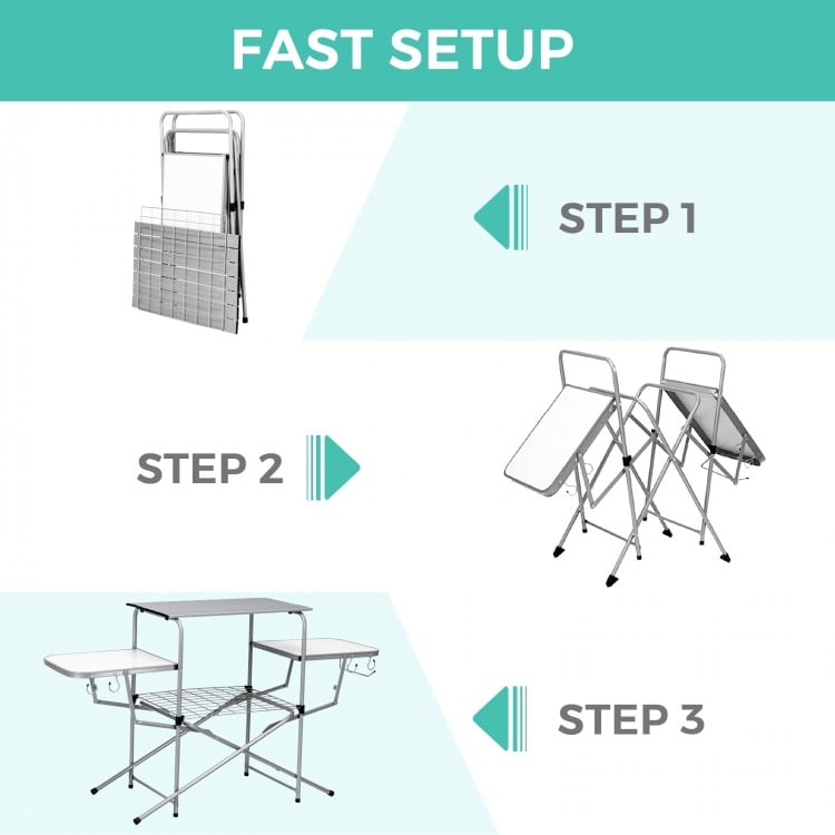 Foldable outdoor BBQ table showing fast setup steps with a sturdy steel frame and heat-resistant aluminum countertop.