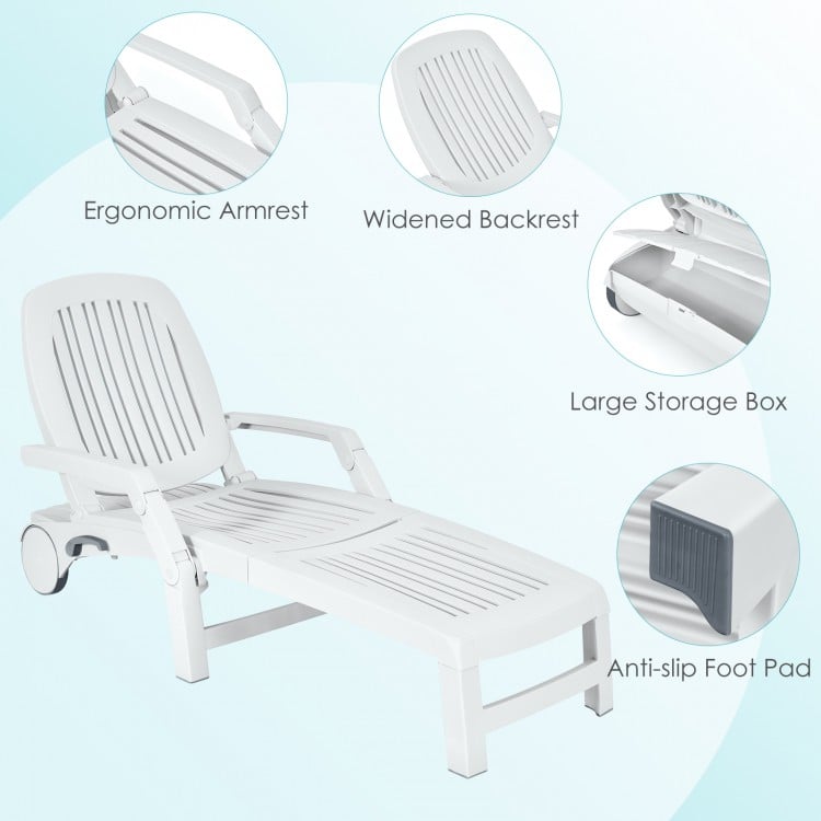 Adjustable white patio sun lounger with ergonomic armrest, large storage box, and weather-resistant wheels for outdoor.