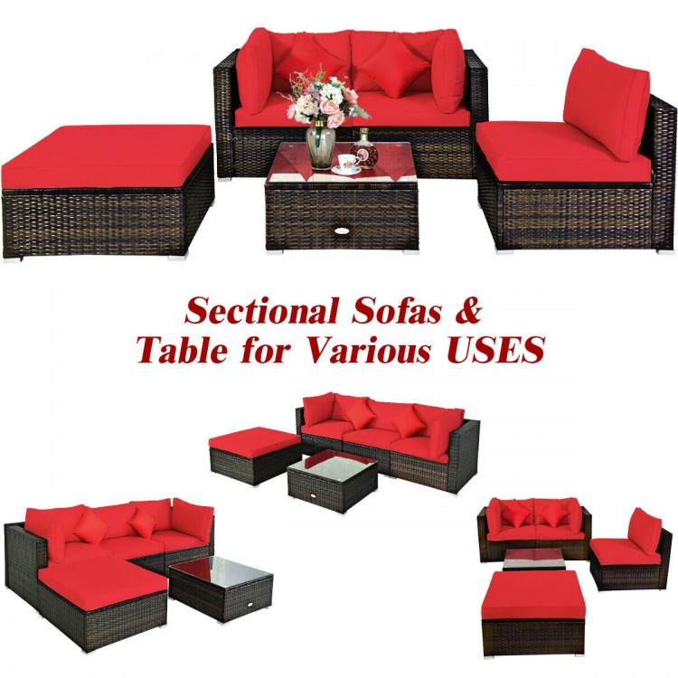 5-piece outdoor patio rattan furniture set with red cushions, featuring sectional sofas and a coffee table for.