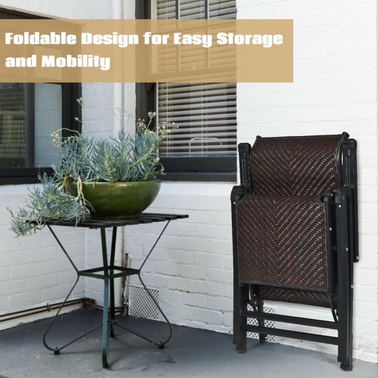 Foldable rattan lounge recliner with adjustable position, ideal for easy storage and outdoor use on patio or balcony.
