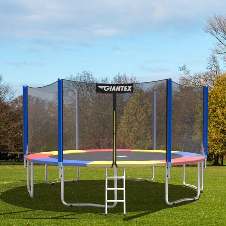10Ft multicolor waterproof safety trampoline with protective pad and sturdy frame, ideal for outdoor and indoor use.