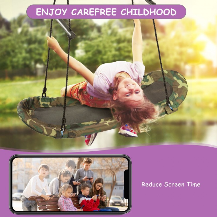 Adjustable army green saucer tree swing for kids, featuring durable oxford fabric and foam handles for safety and.
