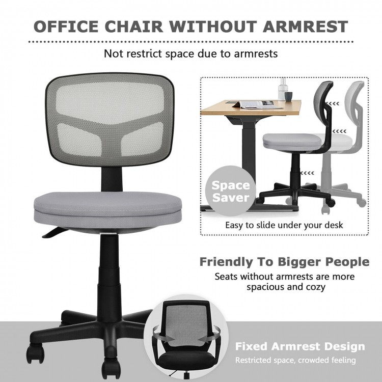 Armless gray office chair with height adjustment and breathable mesh, ideal for home office and space-saving.