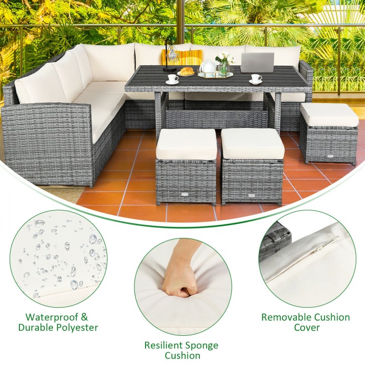 Sectional patio rattan sofa set with off-white cushions, includes table and ottomans, ideal for outdoor relaxation.