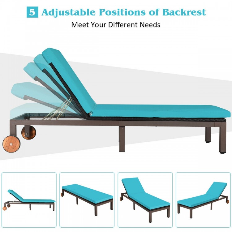 Turquoise patio chaise lounge chair with adjustable backrest in 5 positions, ideal for outdoor relaxation by the pool.