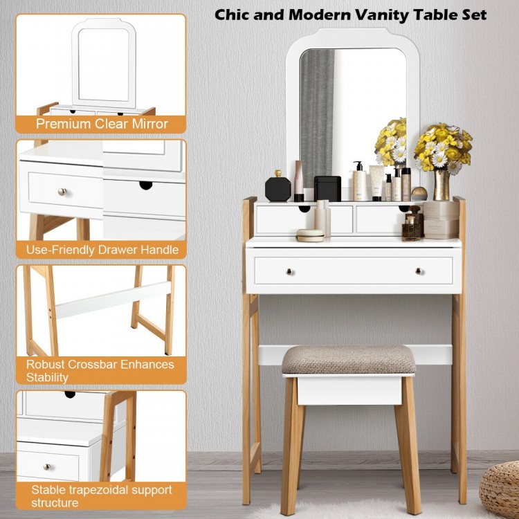 Vanity table set with large mirror, white finish, and cushioned stool for comfortable makeup application and storage.
