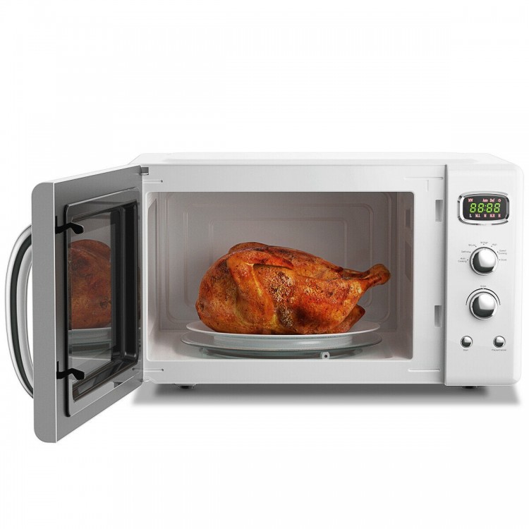 Compact 0.9 Cu.ft retro microwave oven in white with a glass turntable, ideal for small spaces and easy operation.