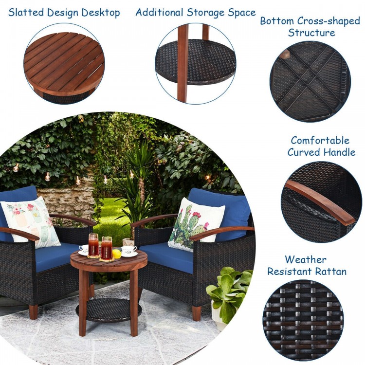 Curved handle coffee table with slatted design and weather-resistant rattan, perfect for outdoor patio relaxation.