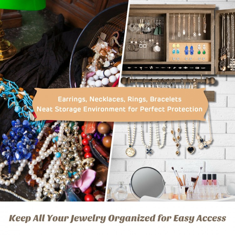 Vintage wood wall-mounted jewelry organizer with barn doors, featuring hooks and mesh for earrings, necklaces, and.