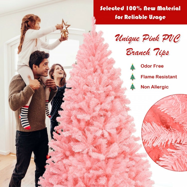 6 feet pink artificial Christmas tree with full-bodied spruce design, hinged sections, and sturdy metal stand for easy.