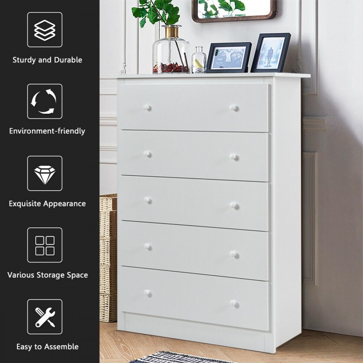 White dresser with five spacious drawers, showcasing a sleek design and top shelf for decorative items in a compact.