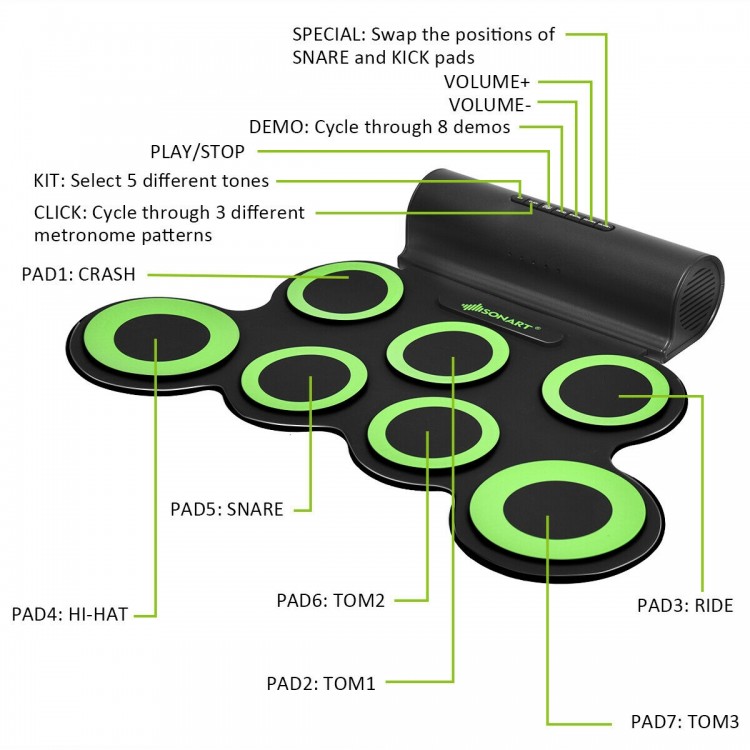 Electronic roll-up drum pads with 7 sensitive-touch pads, dual speakers, and 5 tones for versatile music practice.
