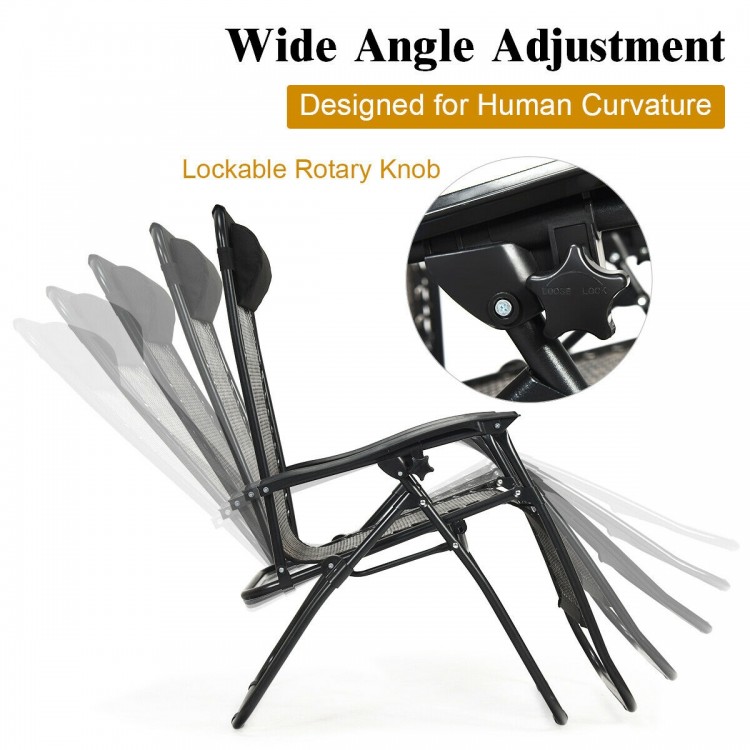 Folding rattan zero gravity lounge chair in gray with adjustable reclining positions and removable head pillow for.