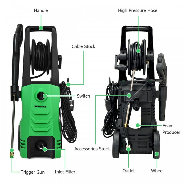 Electric pressure washer with wheels, 3500PSI, built-in hose reel, and 4 nozzles for versatile cleaning tasks.