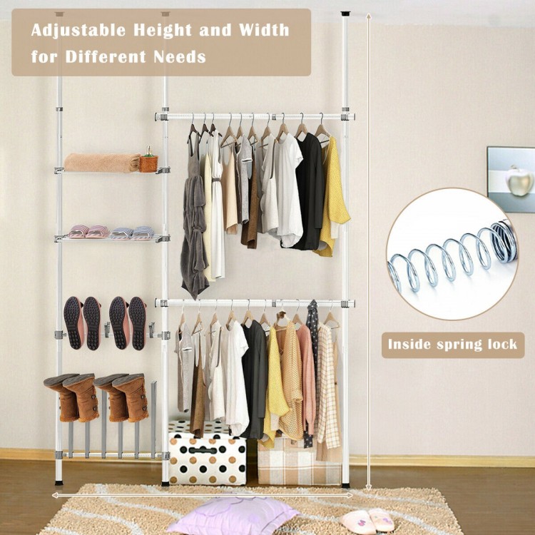 Telescopic clothes hanger rack with adjustable height, shoe rack, and shelves for organized storage in any room.
