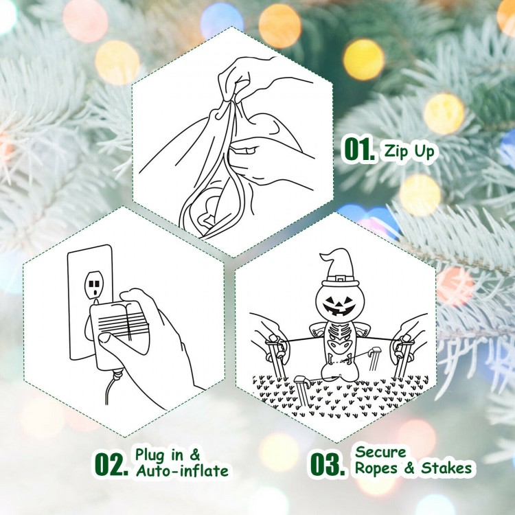 Step-by-step instructions for inflating and securing the 6.5 feet inflatable Christmas tree decoration.