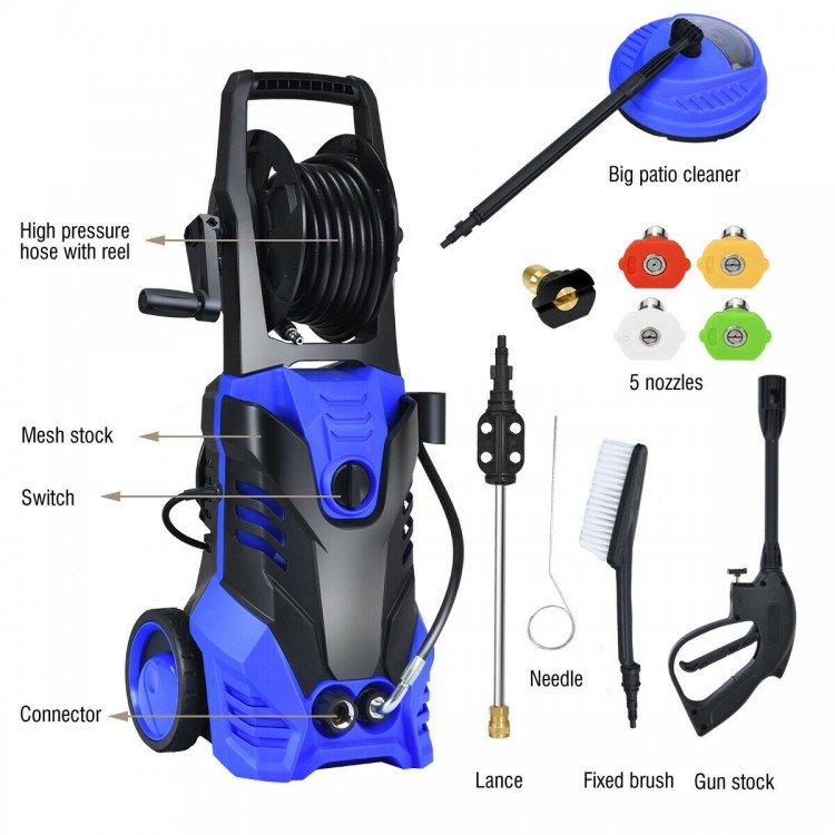 Electric high pressure washer in blue with 3000 PSI, five nozzles, and patio cleaner for versatile outdoor cleaning.