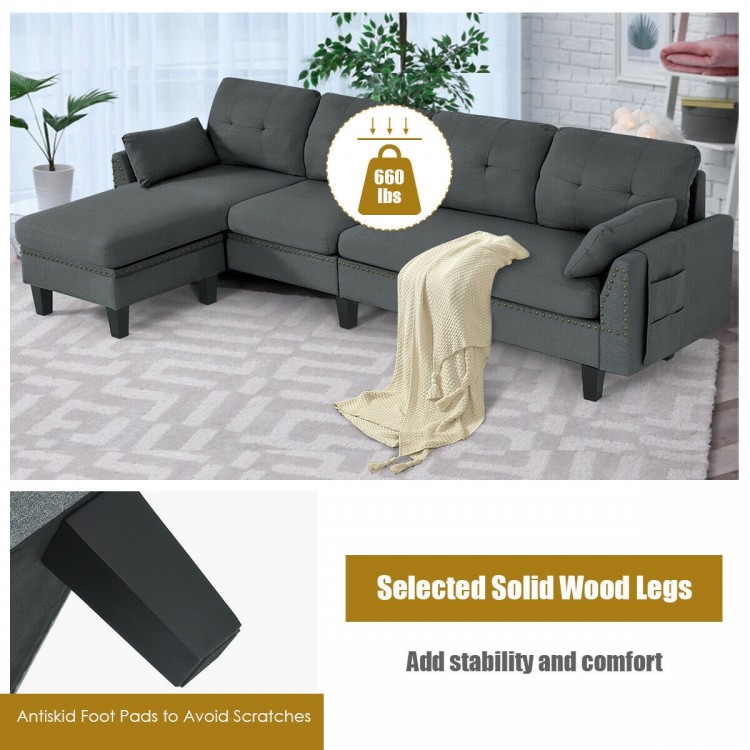 Reversible L-shaped sectional sofa in gray with movable ottoman, solid wood legs, and breathable linen fabric for.